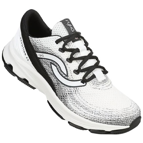 A white and black athletic sneaker featuring a wave design on the side, with black laces and a cushioned sole.