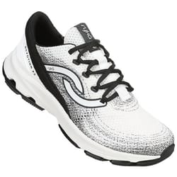 A white and black athletic sneaker featuring a wave design on the side, with black laces and a cushioned sole.