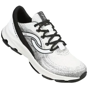 A white and black athletic sneaker featuring a wave design on the side, with black laces and a cushioned sole.