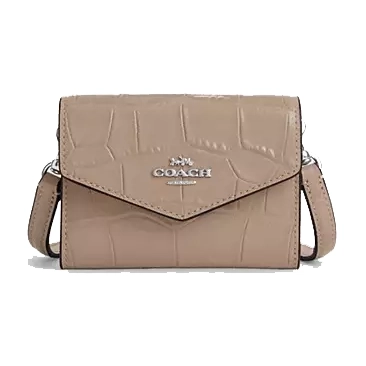 A beige Coach crossbody bag with a flap closure and the brand's logo embossed on the front.