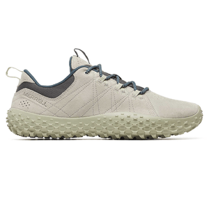 Merrell sneaker with a textured, light beige sole and a light gray upper, featuring dark blue laces and a pull tab.