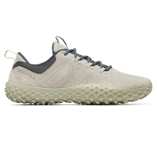 Merrell sneaker with a textured, light beige sole and a light gray upper, featuring dark blue laces and a pull tab.