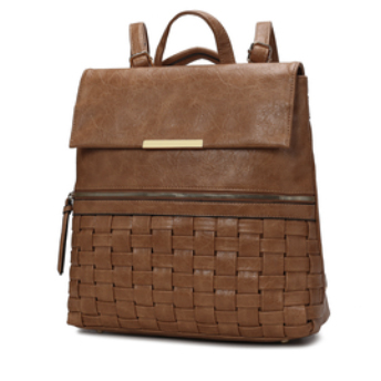 Brown convertible backpack with a woven panel design and flap closure, featuring a top handle, adjustable shoulder straps, and a zippered front pocket.
