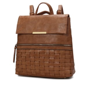 Brown convertible backpack with a woven panel design and flap closure, featuring a top handle, adjustable shoulder straps, and a zippered front pocket.