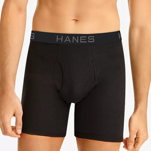 Black Hanes boxer briefs with a comfortable elastic waistband featuring the brand logo. They provide a snug fit and support, ideal for everyday wear.
