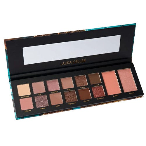Laura Geller makeup palette featuring 12 eyeshadows in neutral and warm tones alongside two blush shades, accompanied by a mirror.