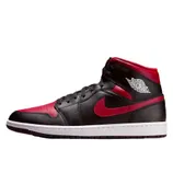 A black and red Nike Air Jordan 1 Mid sneaker, featuring a white sole, red Nike swoosh, and the Air Jordan wings logo on the ankle.