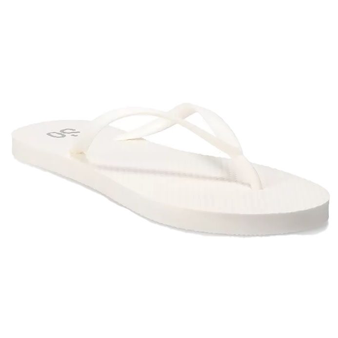 White flip-flop with thin, crisscrossed straps and a textured footbed, featuring \“SO\“ branding on the sole.