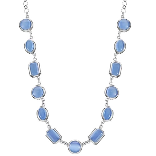 A silver-tone necklace featuring alternating oval and rectangular blue stones, set in bezel settings along a delicate chain.