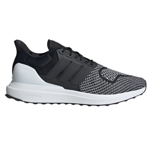 Black and white athletic sneaker with a knit upper, white midsole, and black rubber outsole. Features a distinct pattern and branding on the side.