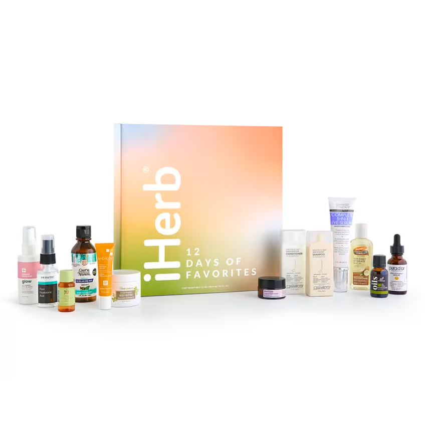 iHerb's \“12 Days of Favorites\“ includes various skincare and haircare products such as serums, oils, shampoos, conditioners, and creams from diverse brands, all packaged in a gradient-colored box.