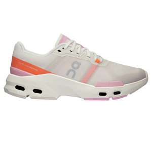On Women's Cloudpulse Shoes feature a white and pink design with orange accents, showcasing the brand's hallmark CloudTec cushioning for comfort and performance. They are designed for stylish athletic wear, combining functional and modern aesthetics.