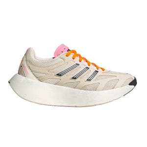 A beige running shoe with orange laces, featuring a prominent white cushioned sole and a black toe cap, designed for performance and comfort.