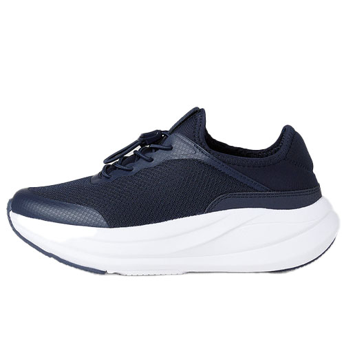A navy blue athletic shoe with a mesh upper, lace-up design, and a thick white sole for enhanced cushioning and support.