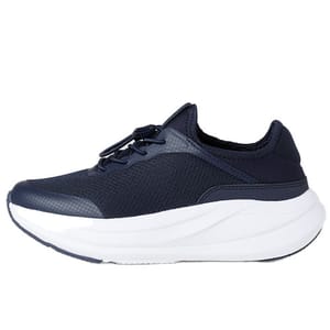 A navy blue athletic shoe with a mesh upper, lace-up design, and a thick white sole for enhanced cushioning and support.