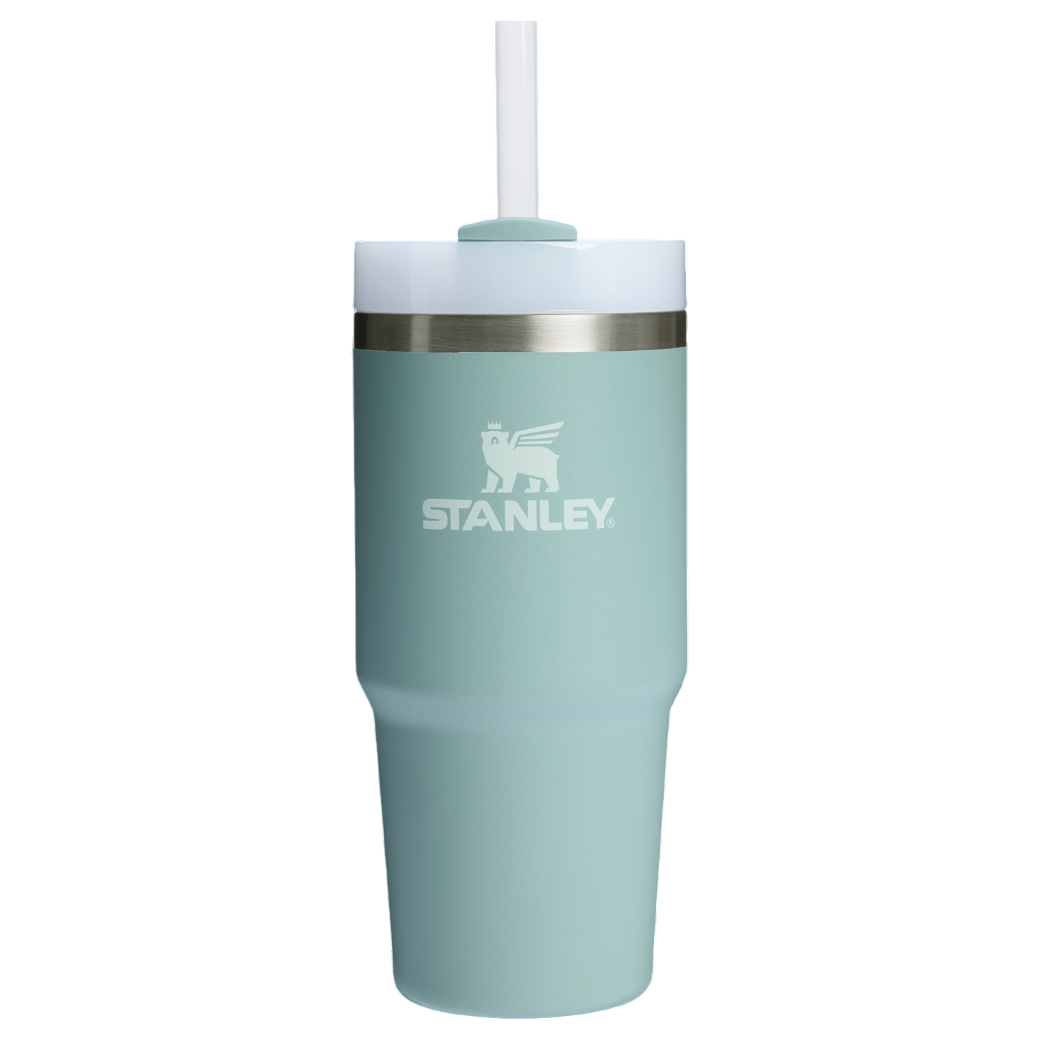 Stanley tumbler with a handle and straw, featuring a light blue color and stainless steel band.