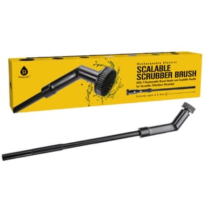 Rechargeable electric scalable scrubber brush with a scalable handle extending up to 4.5 feet, includes 7 replaceable brush heads, designed for versatile and effortless cleaning.