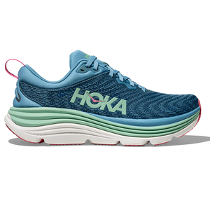 A blue and green Hoka running shoe with a cushioned sole and pink accents, featuring the Hoka brand logo on the side.