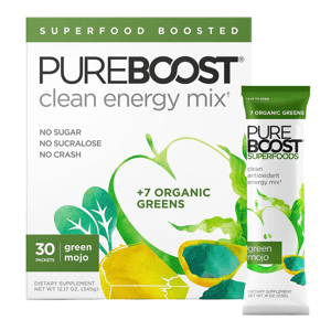PUREBOOST clean energy mix offers a superfood-boosted, sugar-free energy supplement with seven organic greens; comes in Green Mojo flavor with 30 packets, 12.17 oz (345g) total.