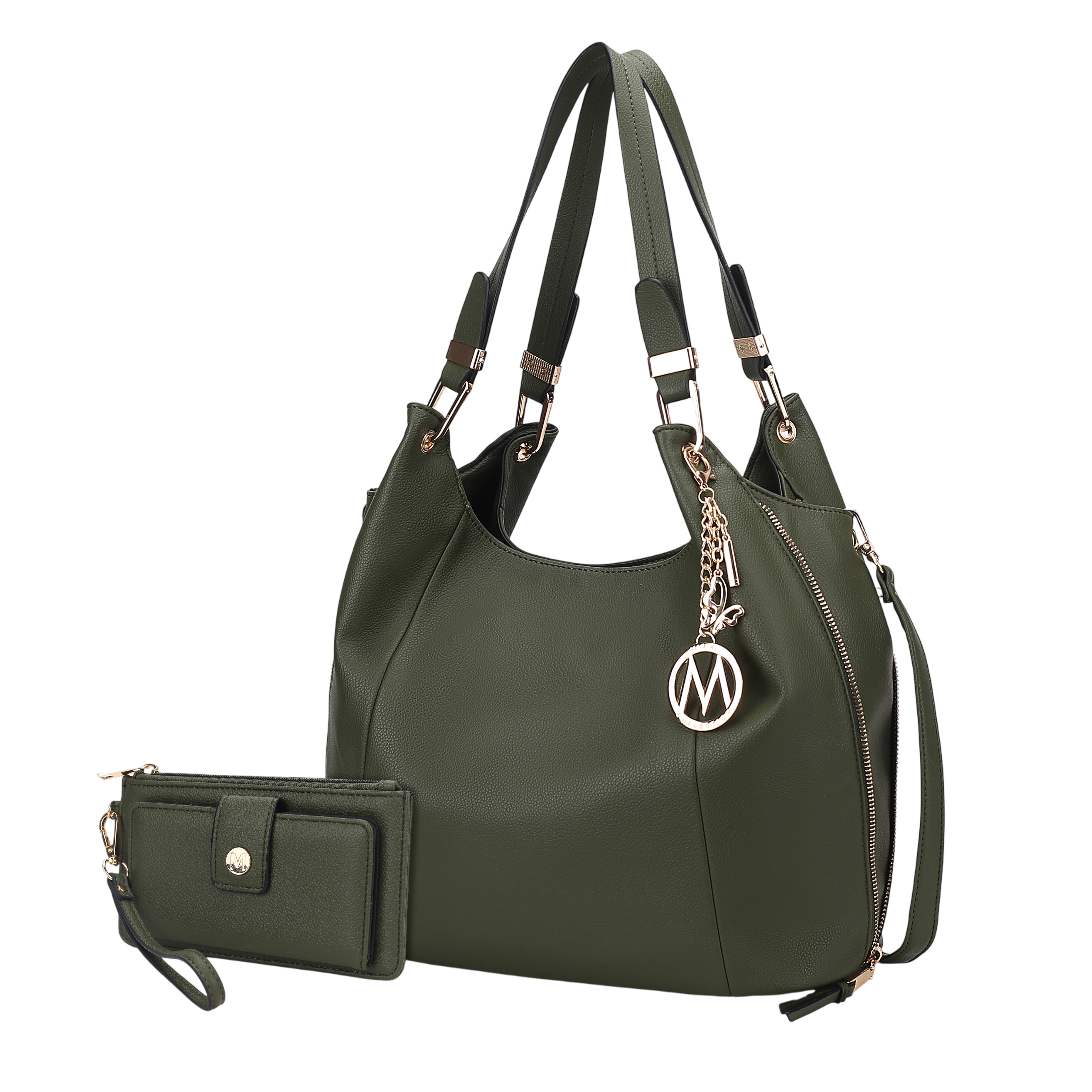 A green handbag with dual handles and a shoulder strap, accented by a gold detachable charm, paired with a matching wallet featuring a clasp closure and wrist strap.