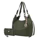 A green handbag with dual handles and a shoulder strap, accented by a gold detachable charm, paired with a matching wallet featuring a clasp closure and wrist strap.