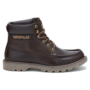 A brown leather Caterpillar ankle boot with rugged laces and a sturdy, treaded sole, featuring the brand's logo on the side.