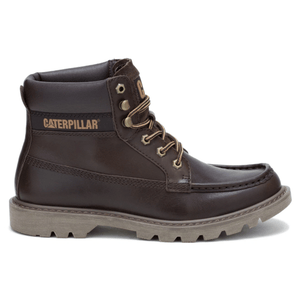 A brown leather Caterpillar ankle boot with rugged laces and a sturdy, treaded sole, featuring the brand's logo on the side.