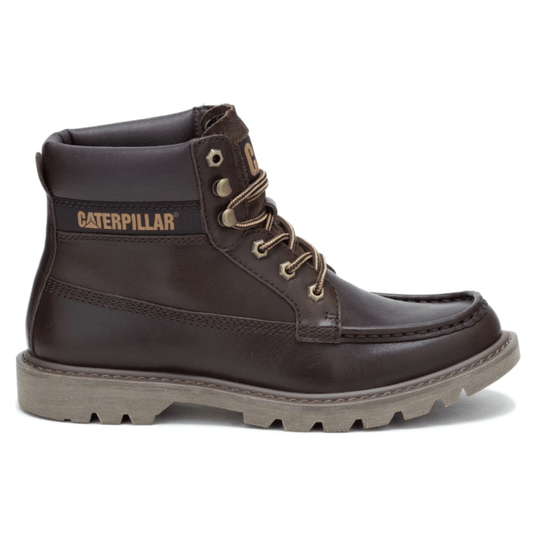 A brown leather Caterpillar ankle boot with rugged laces and a sturdy, treaded sole, featuring the brand's logo on the side.