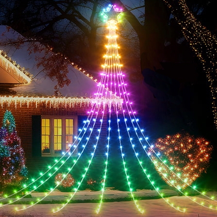 LED Waterfall Tree Lights consist of multicolored, cascading light strands creating a tree shape with a bright star on top. They're used for outdoor holiday decoration.