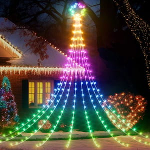 LED Waterfall Tree Lights consist of multicolored, cascading light strands creating a tree shape with a bright star on top. They're used for outdoor holiday decoration.