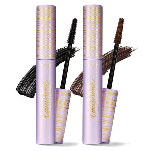 Two tubes of Tarte mascara with black and brown wands are shown. The packaging is light purple with gold accents, and swatches of the black and brown colors are visible next to each tube.