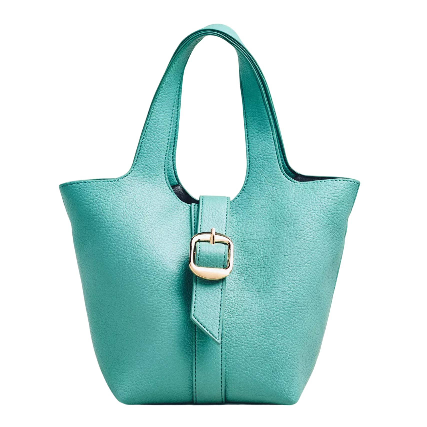 Turquoise leather handbag with a short handle and a front buckle closure.