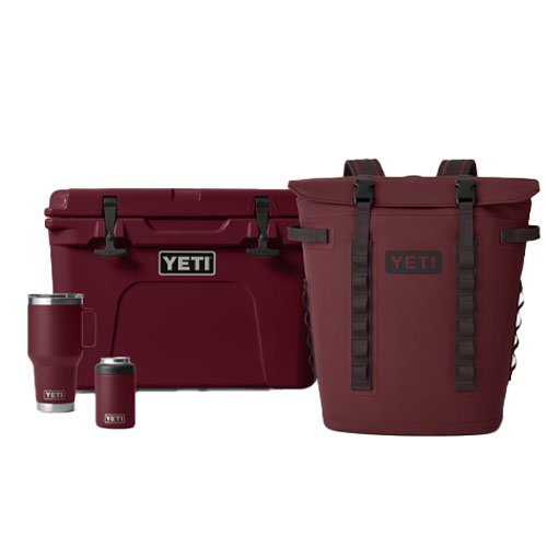 YETI maroon-colored collection including a hard cooler, a backpack cooler, a travel mug, and a can holder.