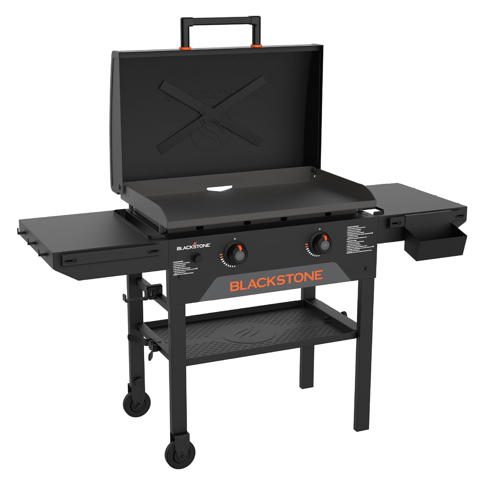 Blackstone 28\“ Omnivore Grill features a flat griddle with two burners, side shelves, and a removable grease tray, all on a wheeled cart. It includes a hinged lid for versatile cooking options.