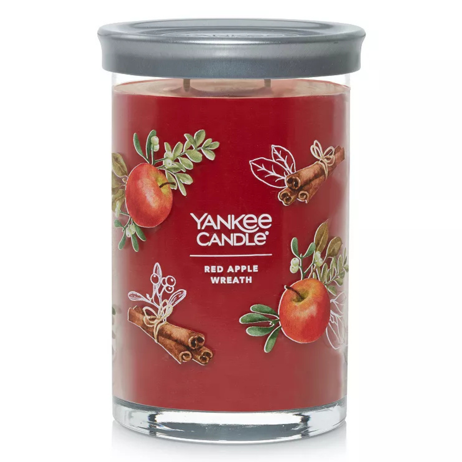 Yankee Candle Red Apple Wreath, featuring a cinnamon and apple scent in a red candle jar with a silver lid.