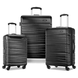 A set of three black hard-shell suitcases with textured design, featuring telescopic handles and spinner wheels.