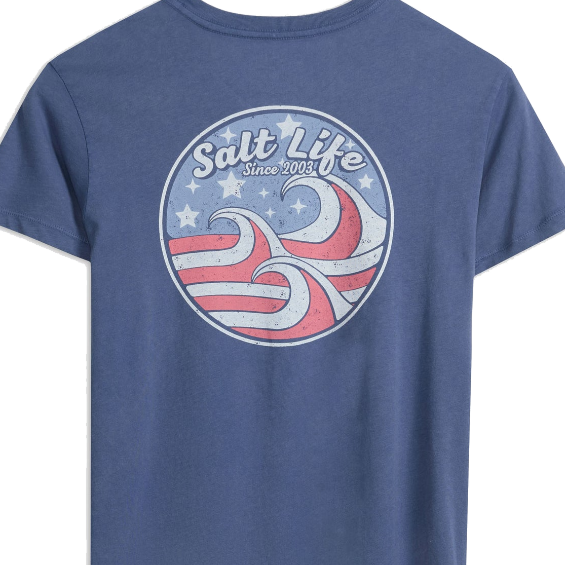 Blue t-shirt with a circular graphic showing stylized waves and stars, featuring the text \“Salt Life Since 2003\“.