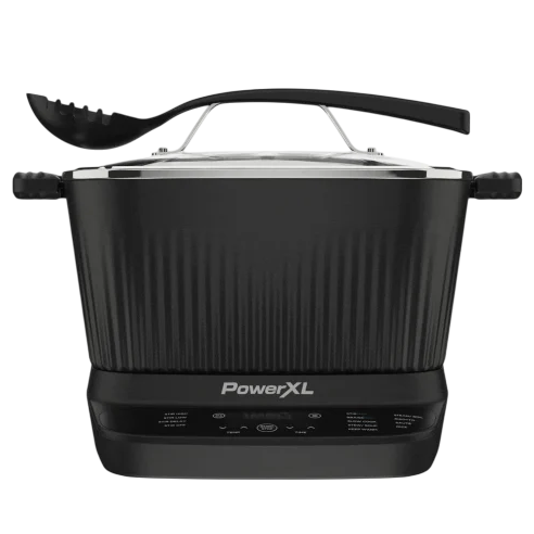 PowerXL electric pasta maker with a black design and integrated digital display, accompanied by a black pasta serving spoon.