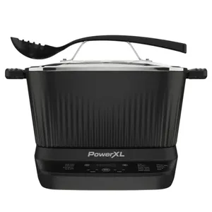 PowerXL electric pasta maker with a black design and integrated digital display, accompanied by a black pasta serving spoon.
