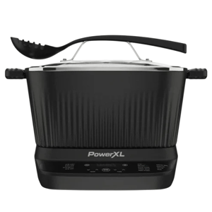 PowerXL electric pasta maker with a black design and integrated digital display, accompanied by a black pasta serving spoon.