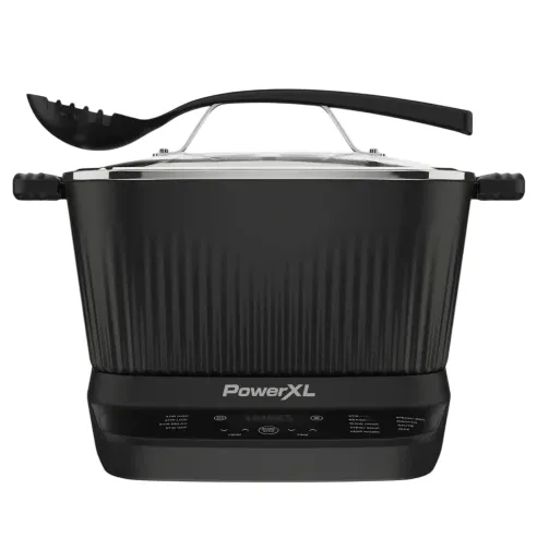 PowerXL electric pasta maker with a black design and integrated digital display, accompanied by a black pasta serving spoon.