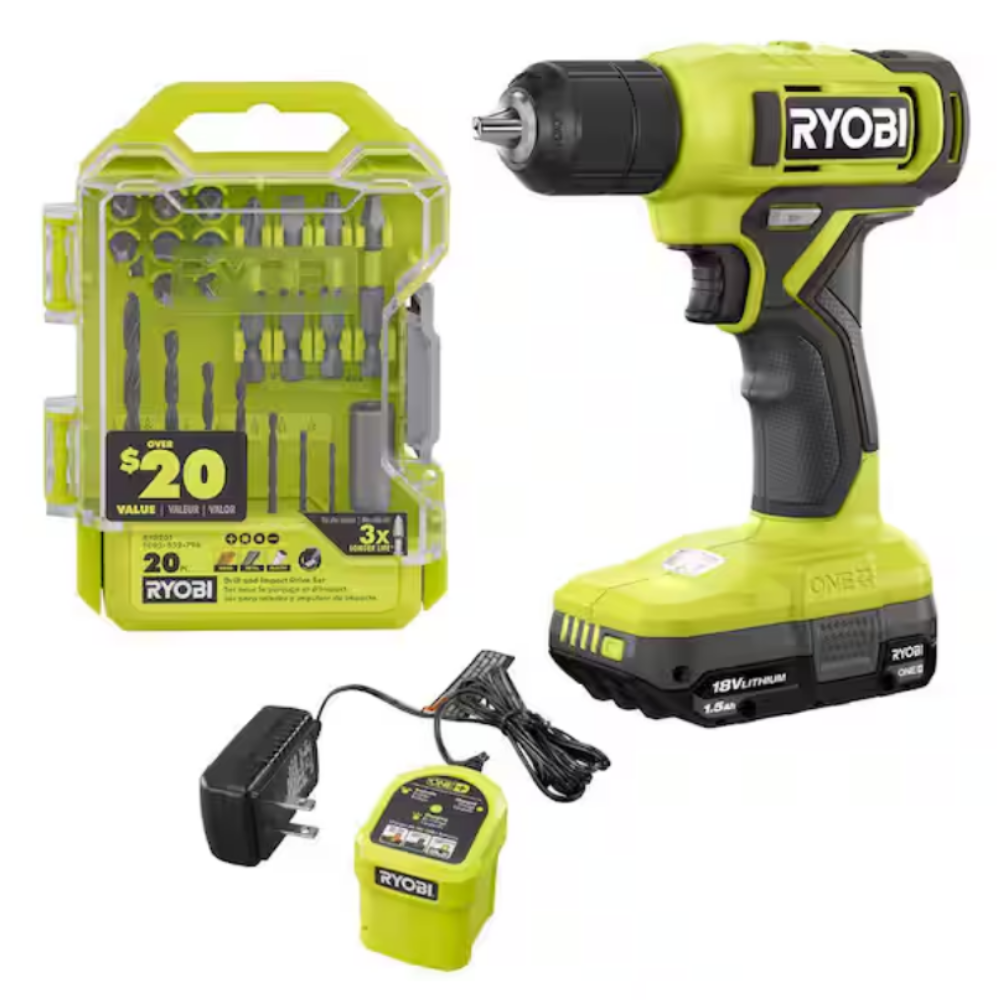 Ryobi 18V cordless drill kit with battery, charger, and a 20-piece drill bit set, promoting an over $20 value and 3x longer life for bits.