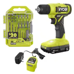 Ryobi 18V cordless drill kit with battery, charger, and a 20-piece drill bit set, promoting an over $20 value and 3x longer life for bits.