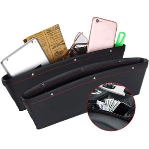 Black car pocket organizers with red stitching designed to fit between seats, holding items like phones, glasses, and papers.