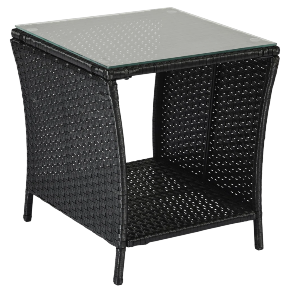 A black wicker side table with a glass top, featuring a shelf underneath for additional storage.