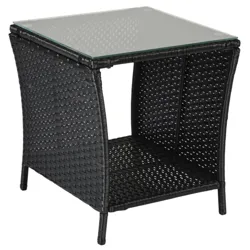 A black wicker side table with a glass top, featuring a shelf underneath for additional storage.
