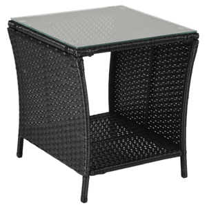 A black wicker side table with a glass top, featuring a shelf underneath for additional storage.