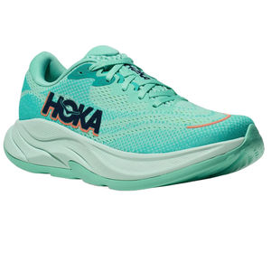 The Hoka Women's Rincon 4 Shoes are mint green running shoes featuring a breathable mesh upper, cushioned midsole for support, and a lightweight design. The brand name is prominently displayed on the side.