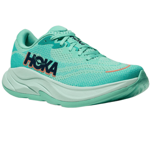 The Hoka Women's Rincon 4 Shoes are mint green running shoes featuring a breathable mesh upper, cushioned midsole for support, and a lightweight design. The brand name is prominently displayed on the side.