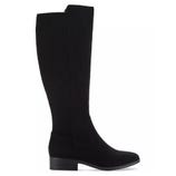 A black knee-high boot featuring a low block heel and a sleek, minimalist design.
